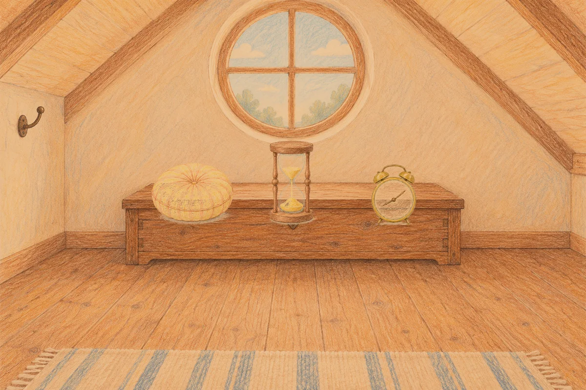 광교 여성전용 피부 관리 안내 그림, 저녁의 다락방 나무 궤짝 위에 놓인 둥근 쿠션, 모래시계, 둥근 알람시계