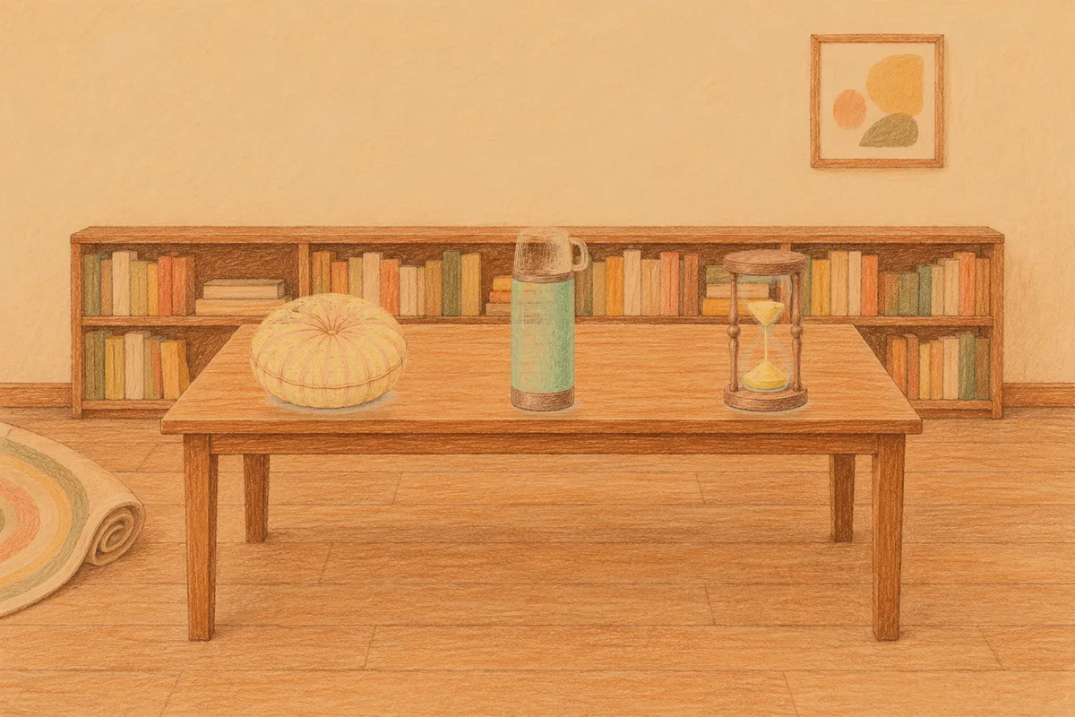 광교 여성전용 후기 마사지 안내 그림, 저녁의 서재 긴 책상 위에 놓인 둥근 쿠션, 보온병, 모래시계