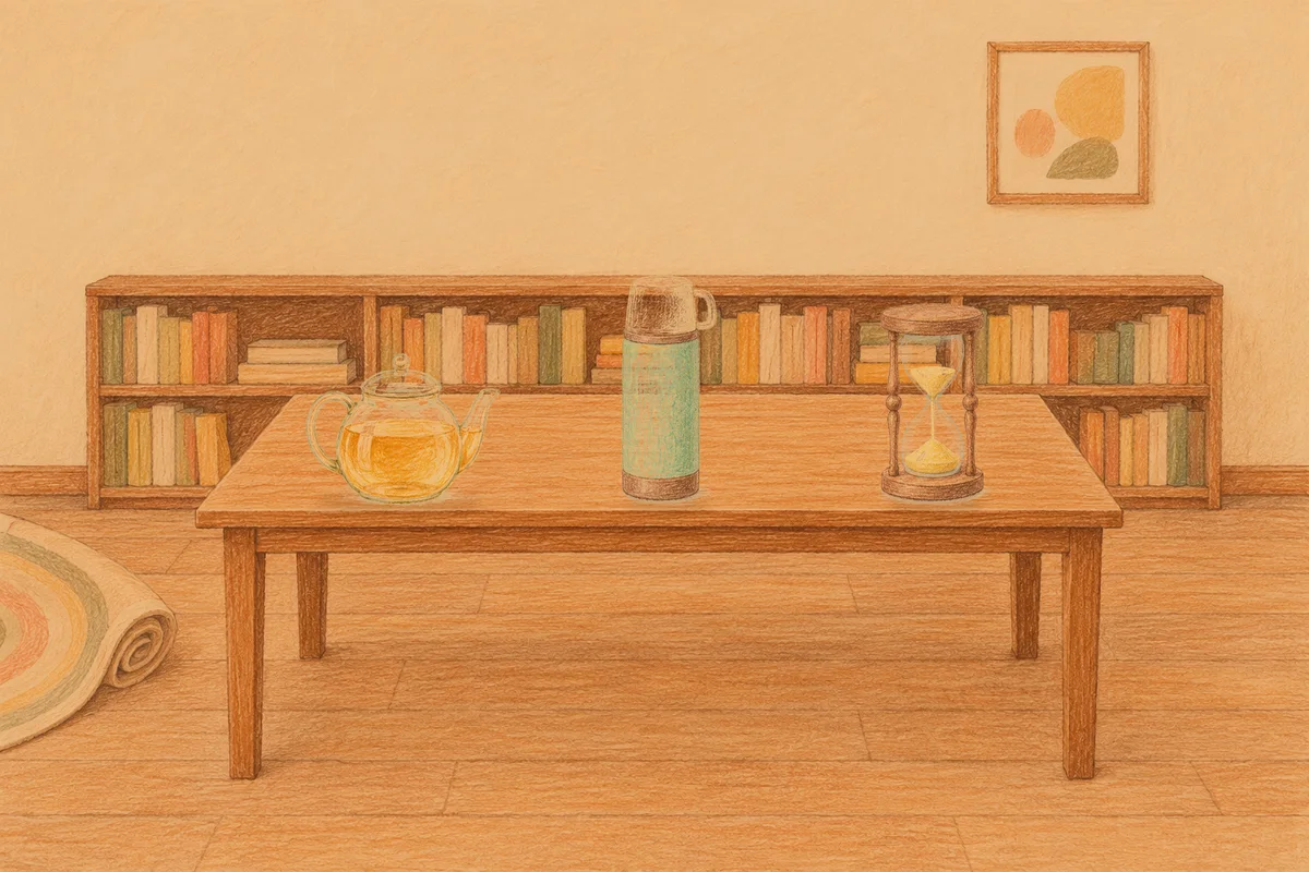 광교 여성전용 가격 마사지 안내 그림, 저녁의 서재 긴 책상 위에 놓인 유리 티포트, 보온병, 모래시계