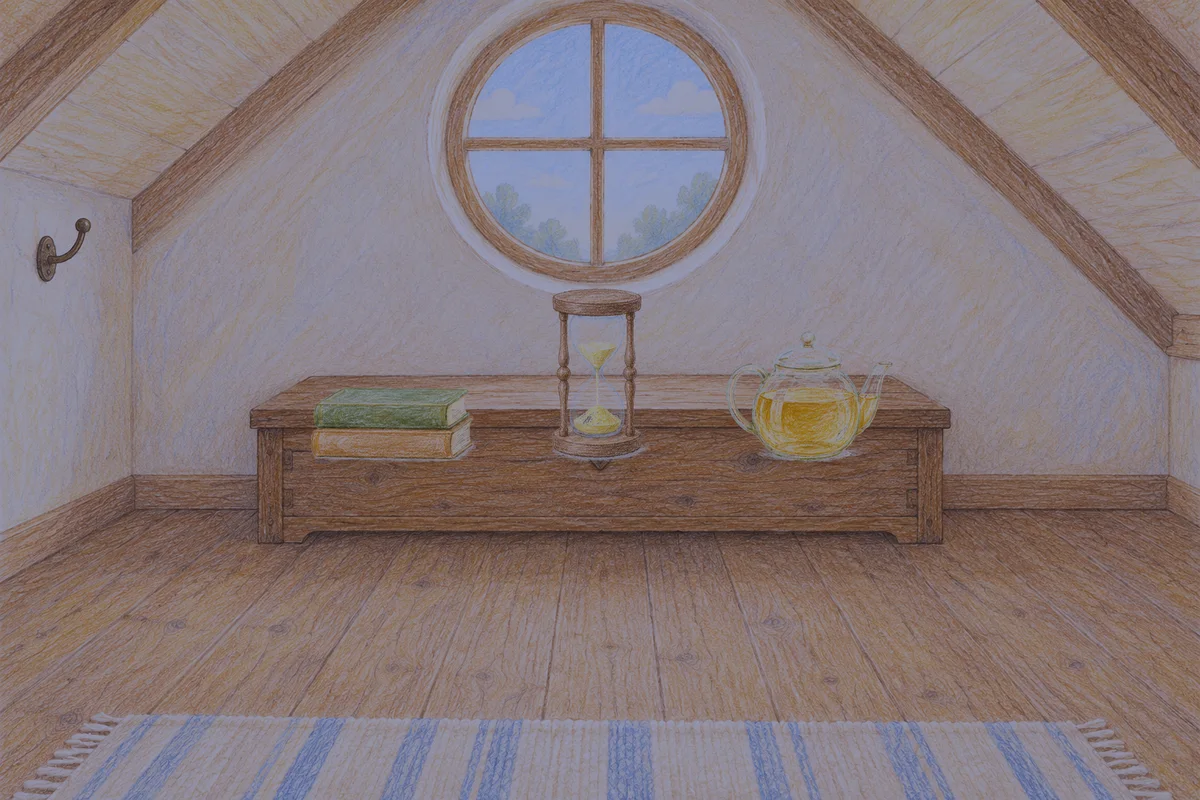 광교 여성전용 출장 마사지 안내 그림, 밤의 다락방 나무 궤짝 위에 놓인 책 두 권, 모래시계, 유리 티포트