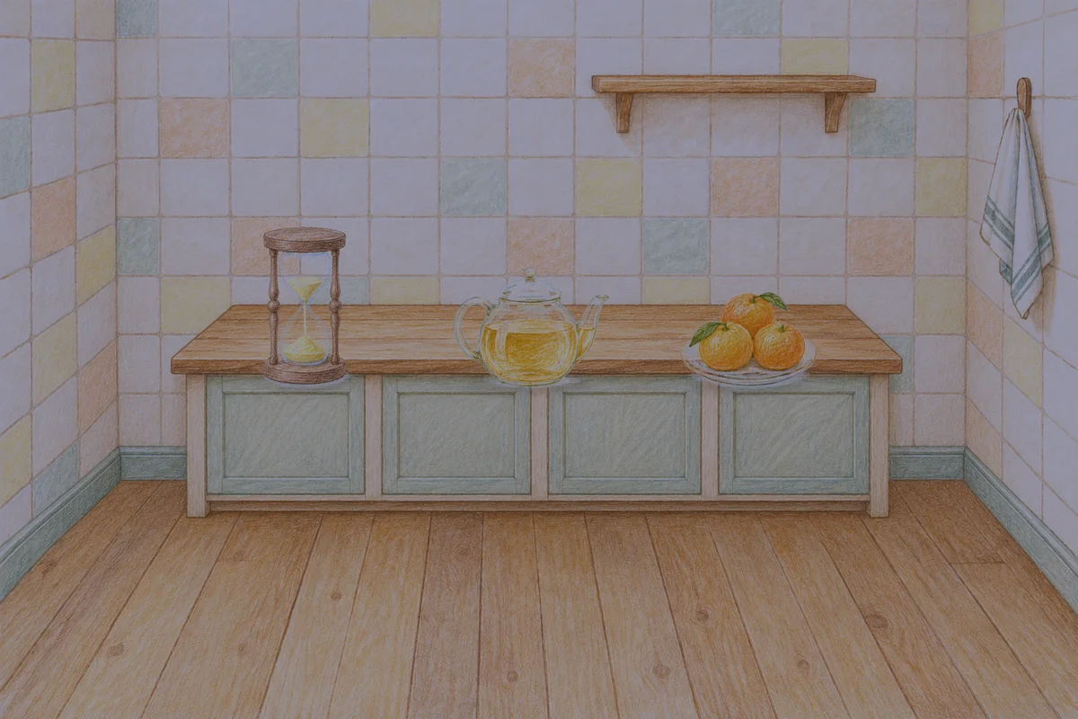 판교 여성전용 아로마 마사지 안내 그림, 밤의 부엌 나무 조리대 위에 놓인 모래시계, 유리 티포트, 귤이 담긴 접시