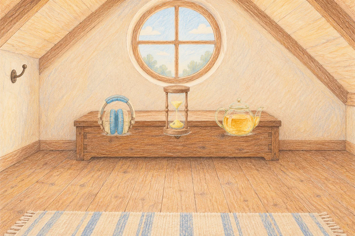 판교 여성전용 아로마 마사지 후기 안내 그림, 낮의 다락방 나무 궤짝 위에 놓인 헤드폰, 모래시계, 유리 티포트