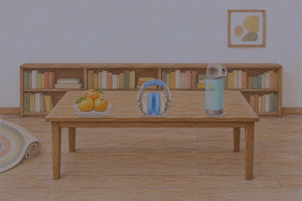판교 여성전용 스웨디시 가격 안내 그림, 밤의 서재 긴 책상 위에 놓인 귤이 담긴 접시, 헤드폰, 보온병