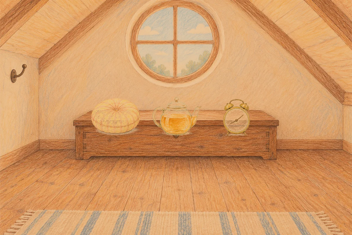 판교 여성전용 아로마 가격 안내 그림, 저녁의 다락방 나무 궤짝 위에 놓인 둥근 쿠션, 유리 티포트, 둥근 알람시계