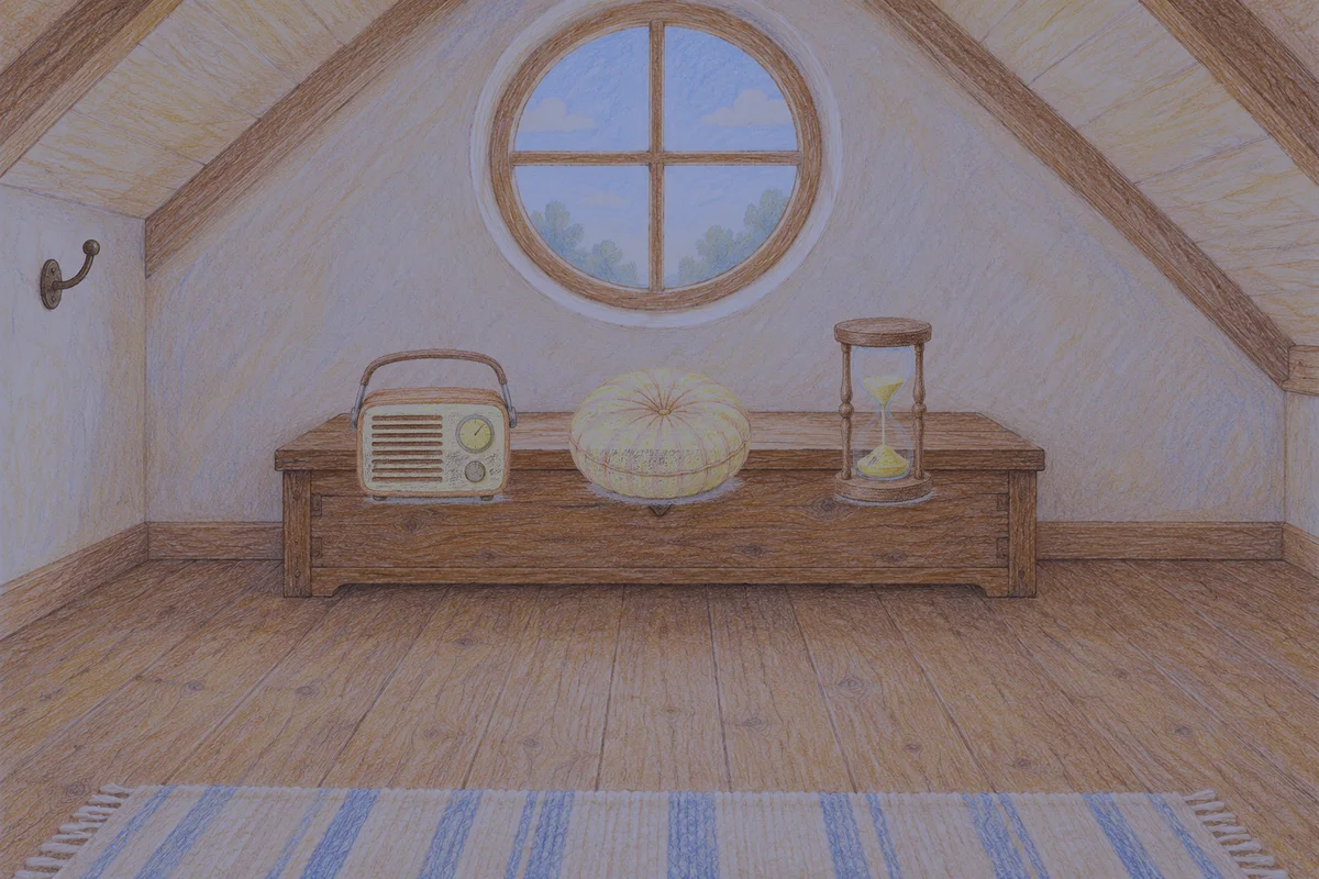 판교 여성전용 스웨디시 추천 안내 그림, 밤의 다락방 나무 궤짝 위에 놓인 작은 라디오, 둥근 쿠션, 모래시계