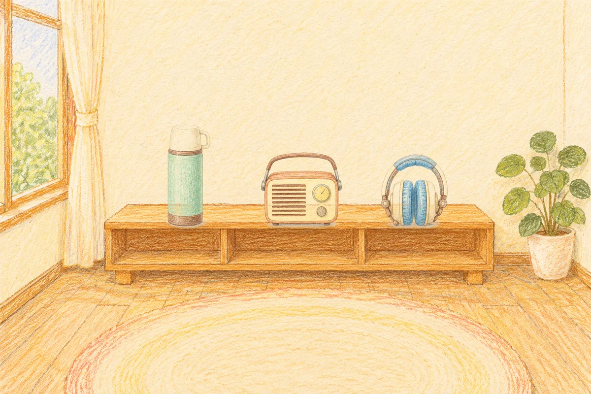 판교 여성전용 아로마 추천 안내 그림, 낮의 창가 낮은 선반 위에 놓인 보온병, 작은 라디오, 헤드폰