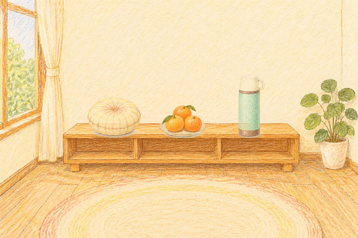 판교 여성전용 경락 가격 안내 그림, 낮의 창가 낮은 선반 위에 놓인 둥근 쿠션, 귤이 담긴 접시, 보온병