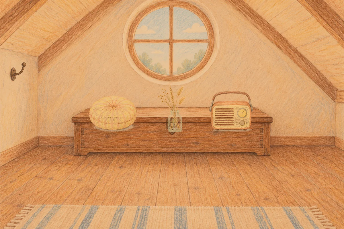판교 여성전용 홈케어 안내 그림, 저녁의 다락방 나무 궤짝 위에 놓인 둥근 쿠션, 마른 풀을 꽂은 항아리, 작은 라디오