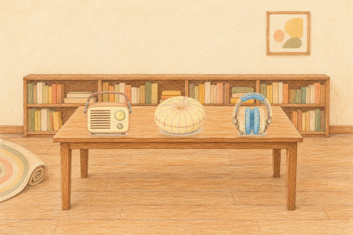 판교 여성전용 1인샵 안내 그림, 낮의 서재 긴 책상 위에 놓인 작은 라디오, 둥근 쿠션, 헤드폰