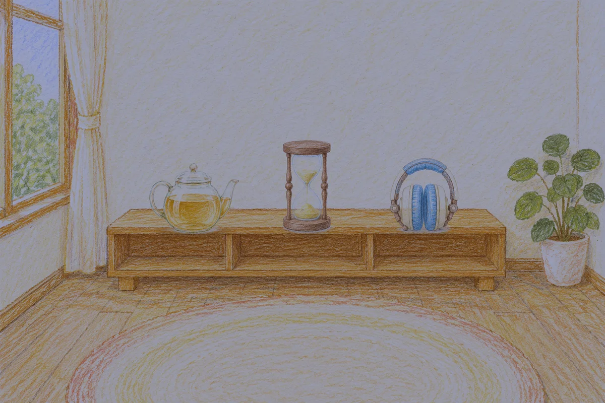 판교 여성전용 프라이빗 케어 안내 그림, 밤의 창가 낮은 선반 위에 놓인 유리 티포트, 모래시계, 헤드폰