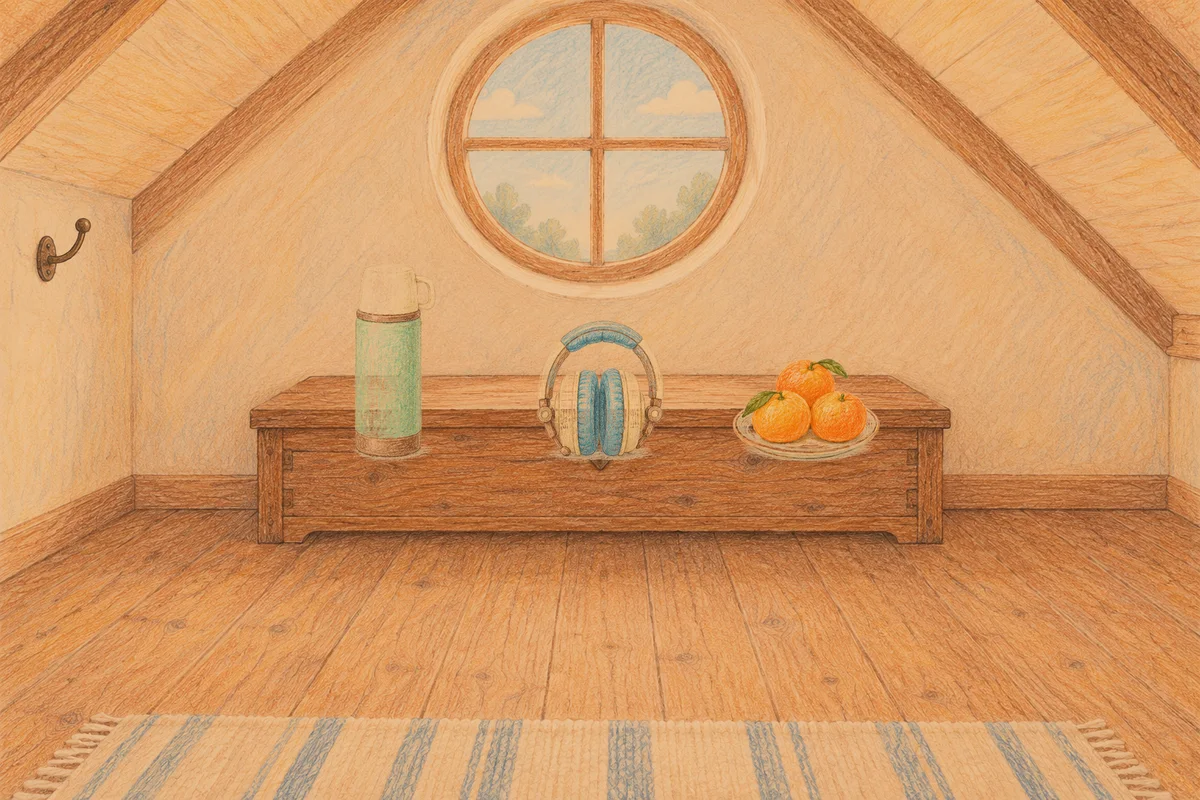 판교 여성전용 발 케어 안내 그림, 저녁의 다락방 나무 궤짝 위에 놓인 보온병, 헤드폰, 귤이 담긴 접시