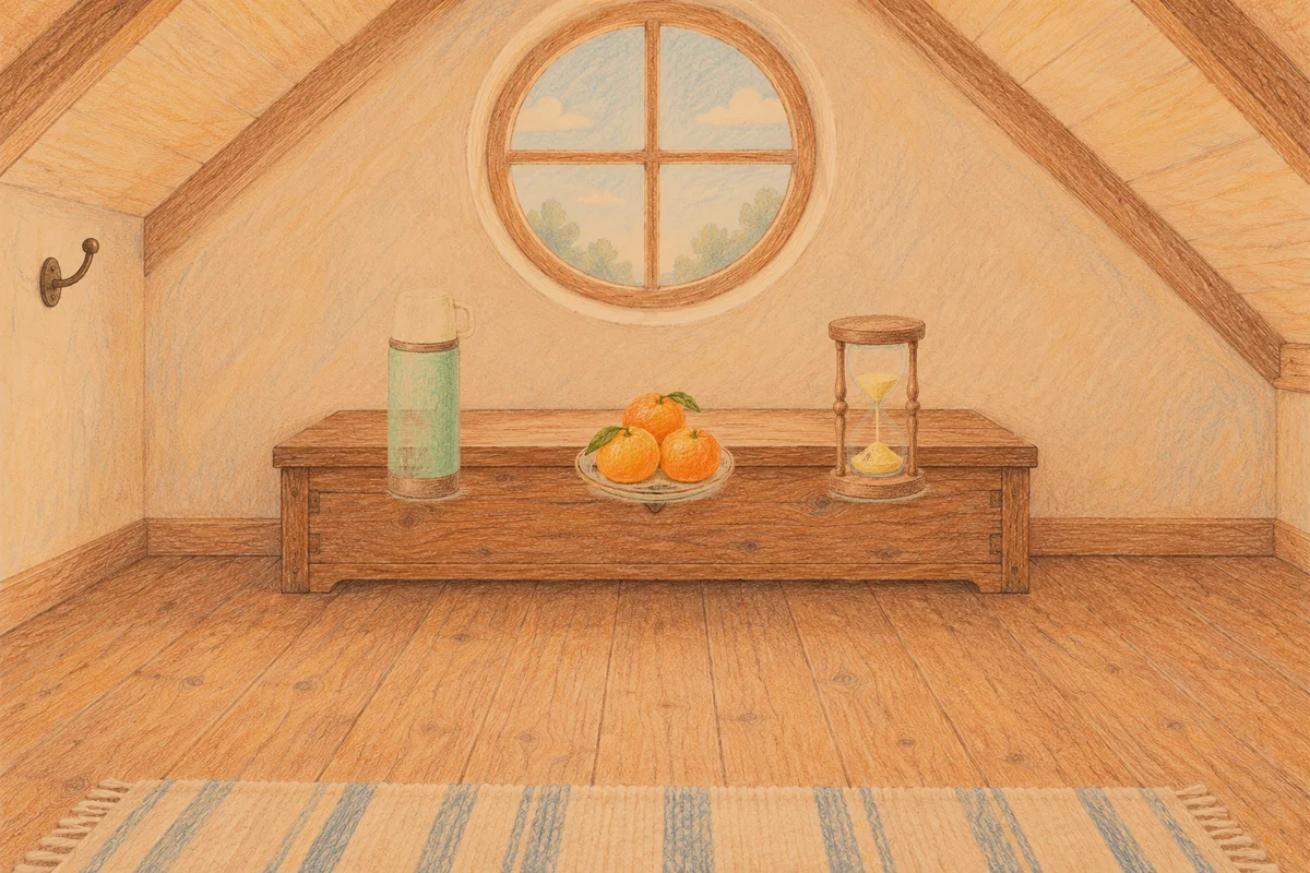 판교 여성전용 발 부종 케어 안내 그림, 저녁의 다락방 나무 궤짝 위에 놓인 보온병, 귤이 담긴 접시, 모래시계