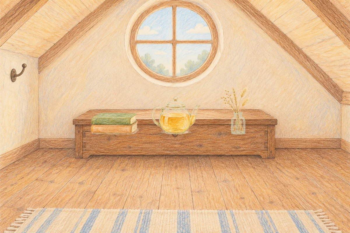 판교 여성전용 발관리 추천 안내 그림, 낮의 다락방 나무 궤짝 위에 놓인 책 두 권, 유리 티포트, 마른 풀을 꽂은 항아리
