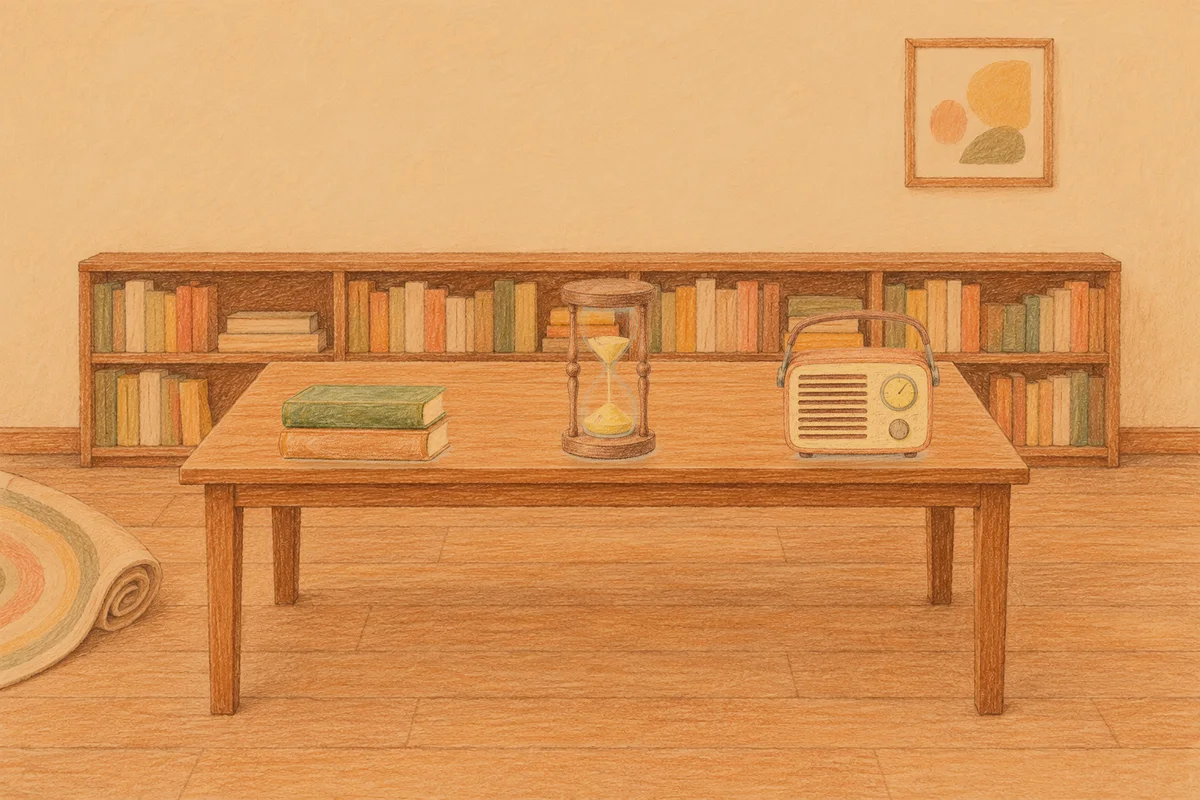 판교 여성전용 디톡스 마사지 안내 그림, 저녁의 서재 긴 책상 위에 놓인 책 두 권, 모래시계, 작은 라디오