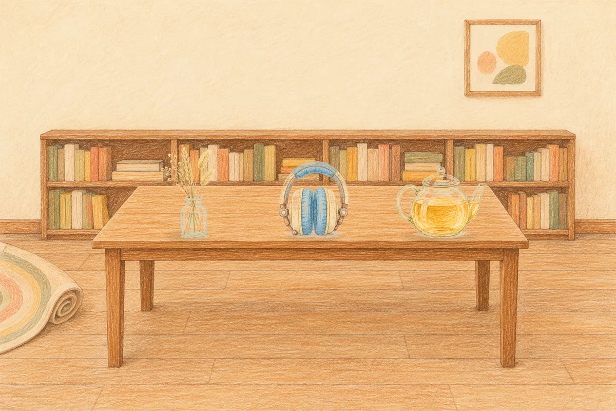 판교 여성전용 종아리 케어 안내 그림, 낮의 서재 긴 책상 위에 놓인 마른 풀을 꽂은 항아리, 헤드폰, 유리 티포트