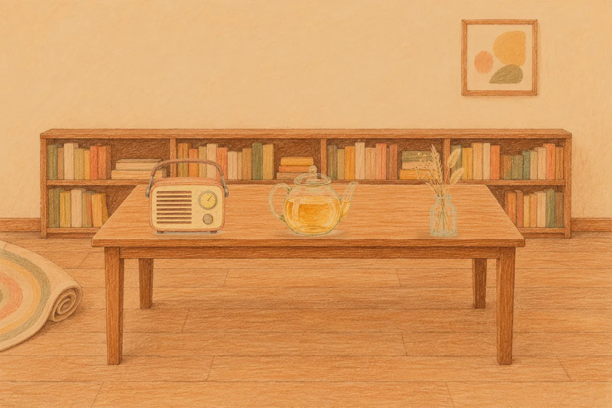 판교 여성전용 두피 마사지 안내 그림, 저녁의 서재 긴 책상 위에 놓인 작은 라디오, 유리 티포트, 마른 풀을 꽂은 항아리