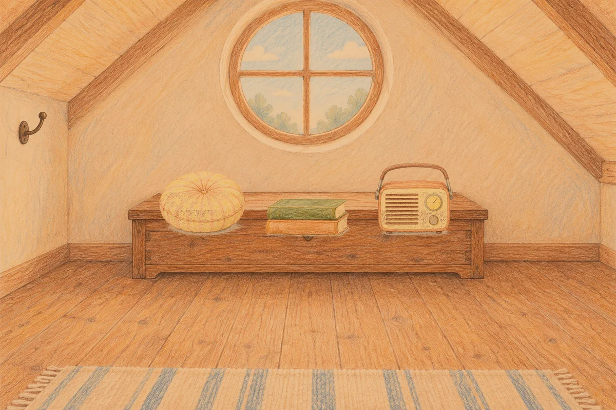 판교 여성전용 어깨 마사지 안내 그림, 저녁의 다락방 나무 궤짝 위에 놓인 둥근 쿠션, 책 두 권, 작은 라디오