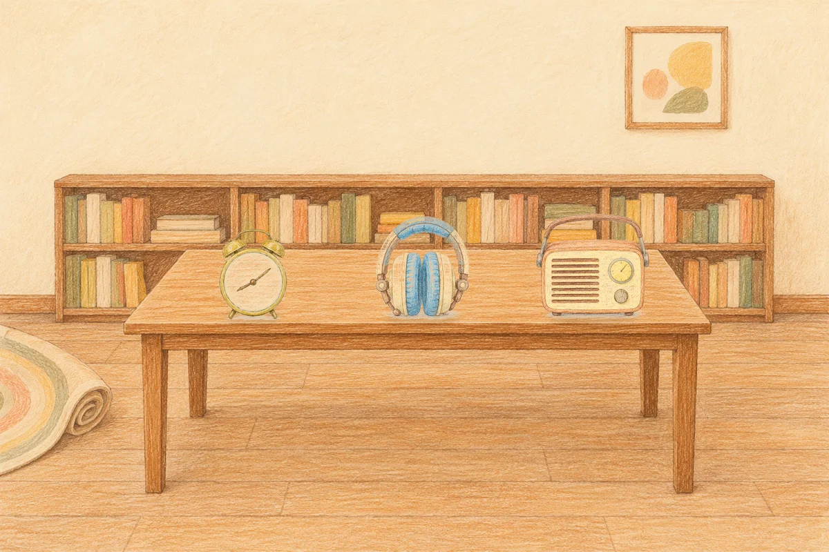 판교 여성전용 두통 완화 마사지 안내 그림, 낮의 서재 긴 책상 위에 놓인 둥근 알람시계, 헤드폰, 작은 라디오