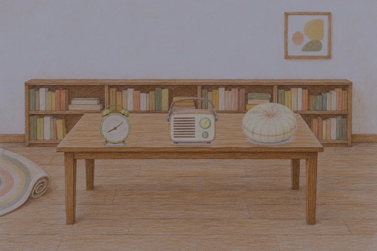 판교 여성전용 스트레스 케어 안내 그림, 밤의 서재 긴 책상 위에 놓인 둥근 알람시계, 작은 라디오, 둥근 쿠션