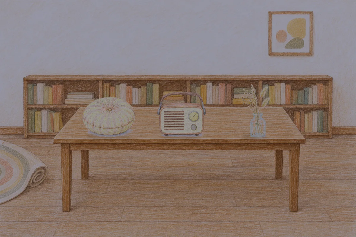 판교 여성전용 피로 회복 마사지 안내 그림, 밤의 서재 긴 책상 위에 놓인 둥근 쿠션, 작은 라디오, 마른 풀을 꽂은 항아리