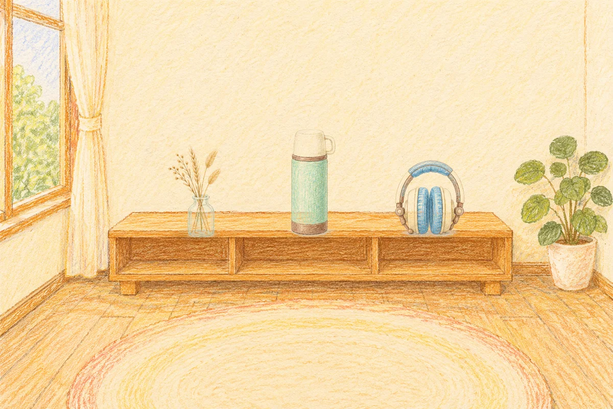판교 여성전용 얼굴 마사지 안내 그림, 낮의 창가 낮은 선반 위에 놓인 마른 풀을 꽂은 항아리, 보온병, 헤드폰
