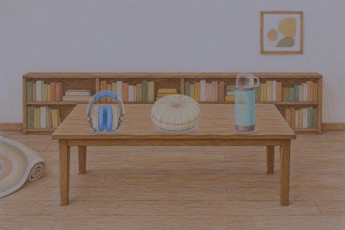 판교 여성전용 림프 페이셜 안내 그림, 밤의 서재 긴 책상 위에 놓인 헤드폰, 둥근 쿠션, 보온병