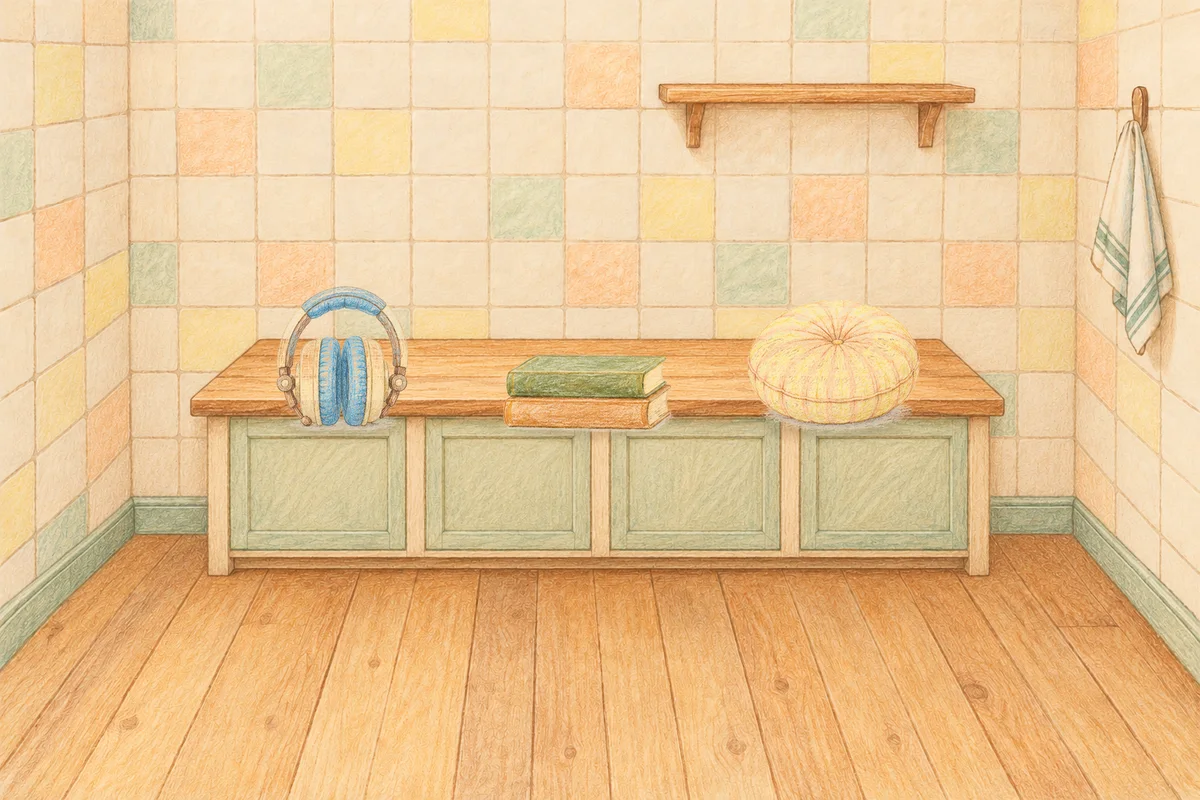 판교 여성전용 안티에이징 케어 안내 그림, 낮의 부엌 나무 조리대 위에 놓인 헤드폰, 책 두 권, 둥근 쿠션