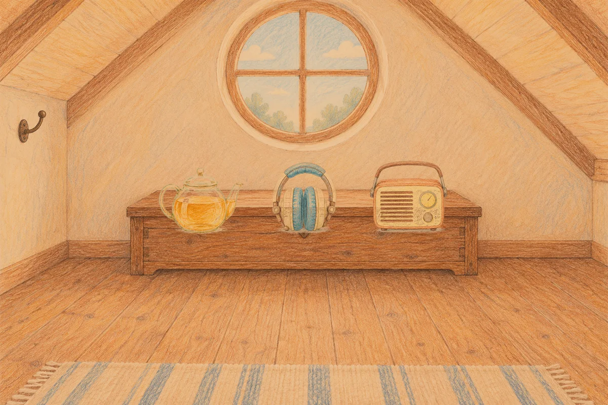 판교 여성전용 브라이덜 케어 안내 그림, 저녁의 다락방 나무 궤짝 위에 놓인 유리 티포트, 헤드폰, 작은 라디오