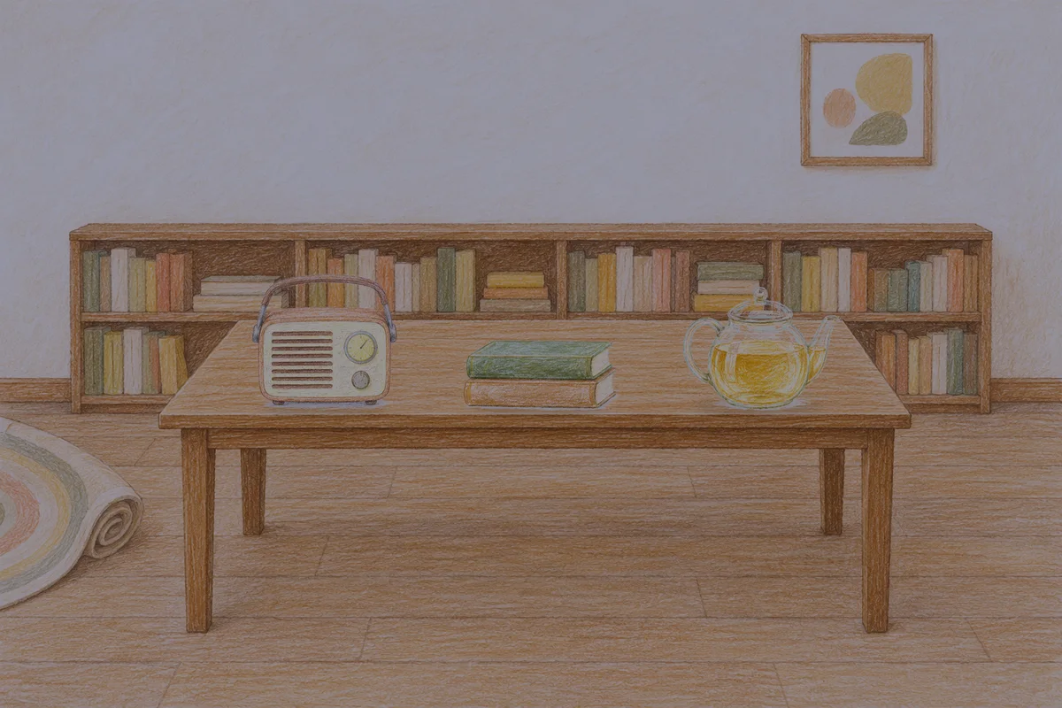판교 여성전용 샵 마사지 안내 그림, 밤의 서재 긴 책상 위에 놓인 작은 라디오, 책 두 권, 유리 티포트