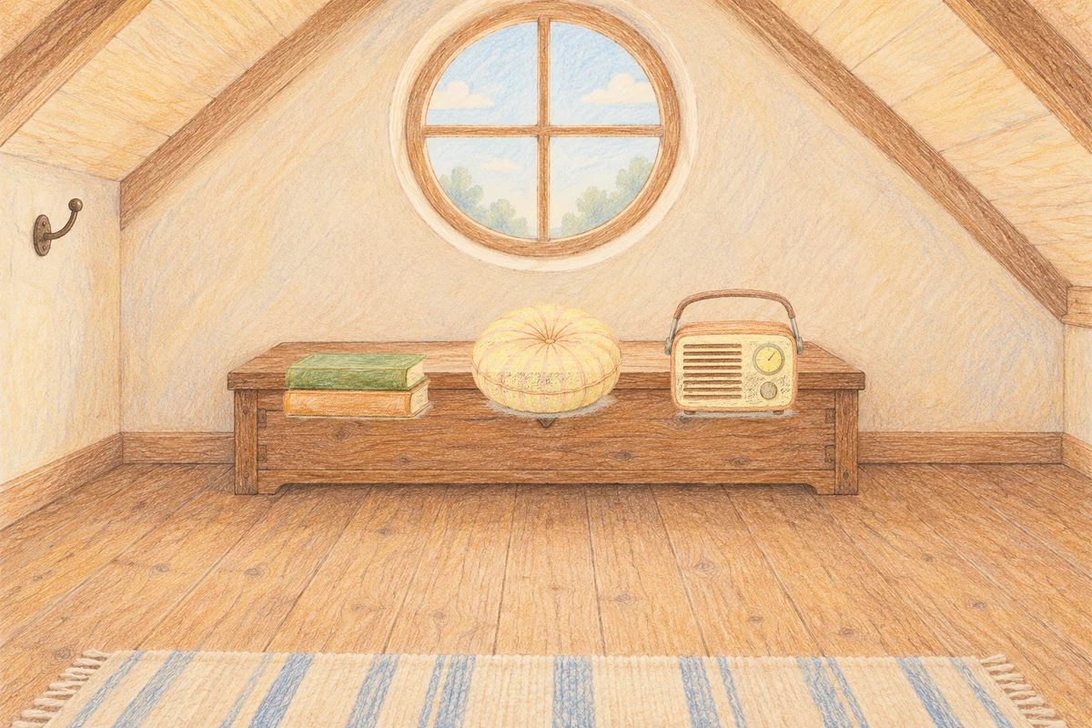 판교 여성전용 출장 마사지 후기 안내 그림, 낮의 다락방 나무 궤짝 위에 놓인 책 두 권, 둥근 쿠션, 작은 라디오