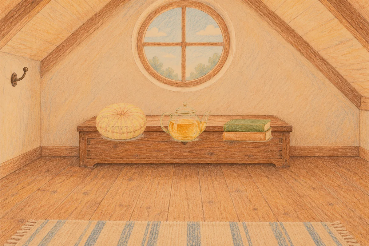 동탄 여성전용 아로마 마사지 안내 그림, 저녁의 다락방 나무 궤짝 위에 놓인 둥근 쿠션, 유리 티포트, 책 두 권
