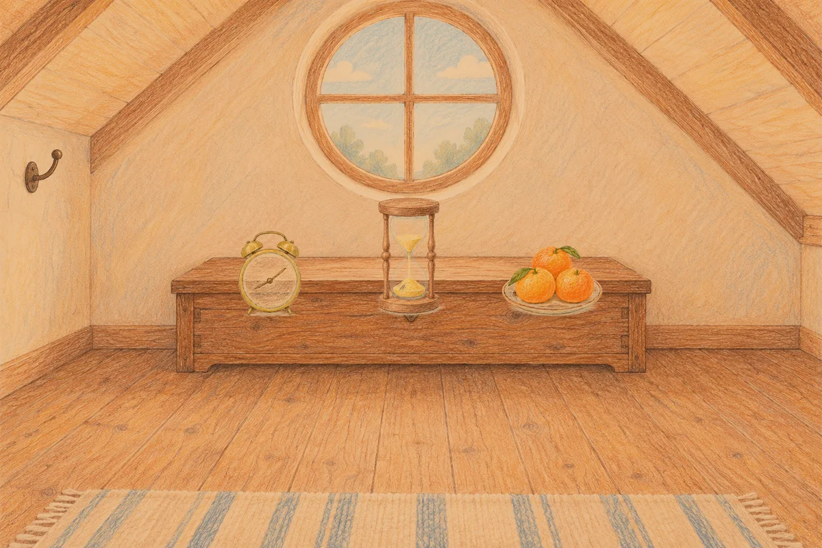 동탄 여성전용 라벤더 아로마 안내 그림, 저녁의 다락방 나무 궤짝 위에 놓인 둥근 알람시계, 모래시계, 귤이 담긴 접시