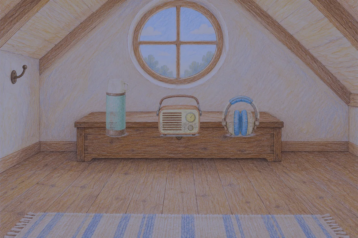 동탄 여성전용 아로마 마사지 후기 안내 그림, 밤의 다락방 나무 궤짝 위에 놓인 보온병, 작은 라디오, 헤드폰