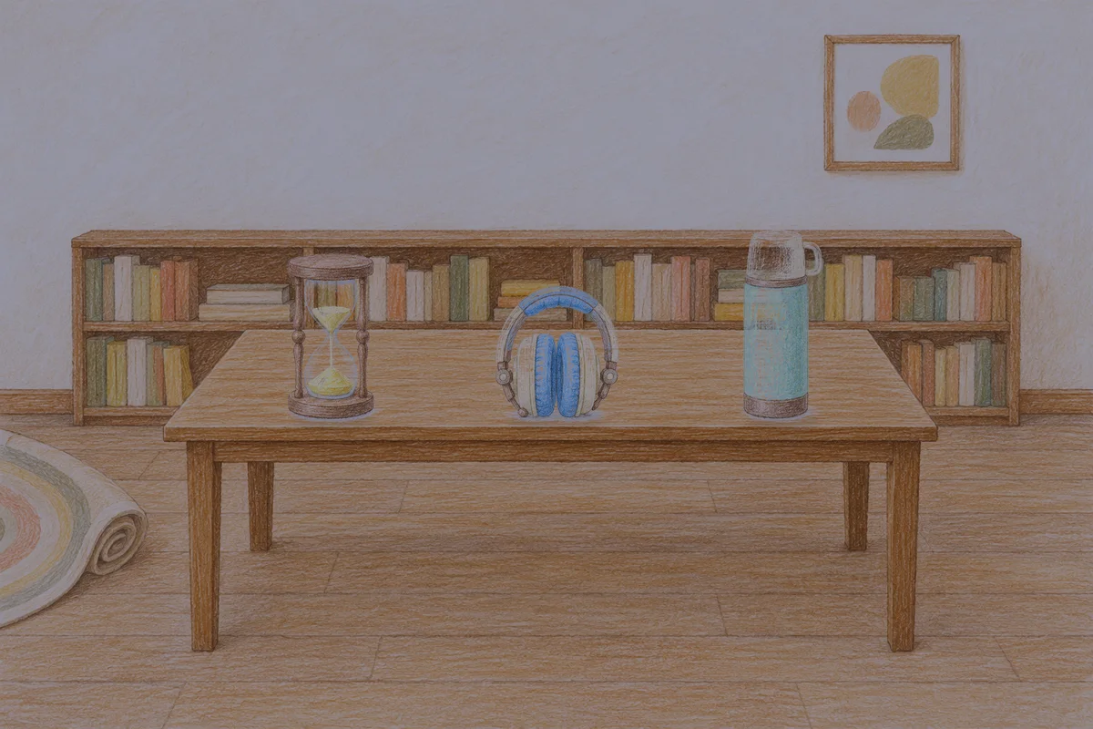 동탄 여성전용 스웨디시 가격 안내 그림, 밤의 서재 긴 책상 위에 놓인 모래시계, 헤드폰, 보온병