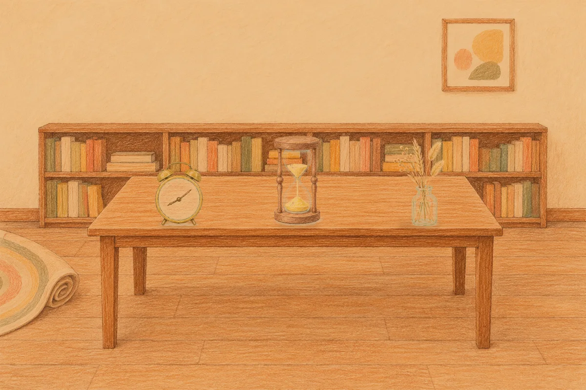 동탄 여성전용 경락 마사지 안내 그림, 저녁의 서재 긴 책상 위에 놓인 둥근 알람시계, 모래시계, 마른 풀을 꽂은 항아리