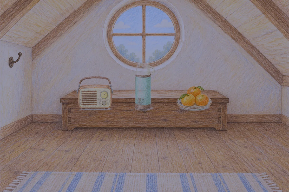 동탄 여성전용 얼굴 경락 안내 그림, 밤의 다락방 나무 궤짝 위에 놓인 작은 라디오, 보온병, 귤이 담긴 접시