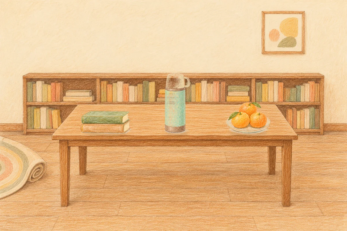 동탄 여성전용 바디 경락 안내 그림, 낮의 서재 긴 책상 위에 놓인 책 두 권, 보온병, 귤이 담긴 접시