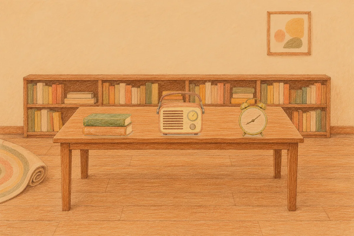 동탄 여성전용 경락마사지 후기 안내 그림, 저녁의 서재 긴 책상 위에 놓인 책 두 권, 작은 라디오, 둥근 알람시계