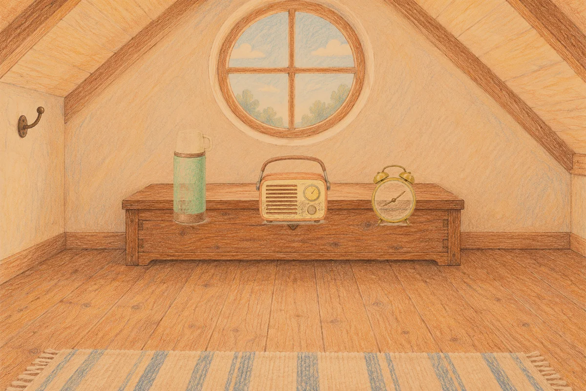 동탄 여성전용 경락 추천 안내 그림, 저녁의 다락방 나무 궤짝 위에 놓인 보온병, 작은 라디오, 둥근 알람시계