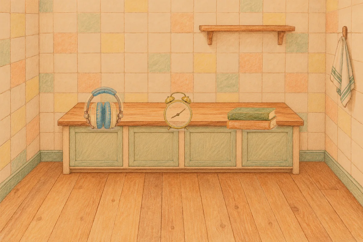 동탄 여성전용 방문 마사지 안내 그림, 저녁의 부엌 나무 조리대 위에 놓인 헤드폰, 둥근 알람시계, 책 두 권