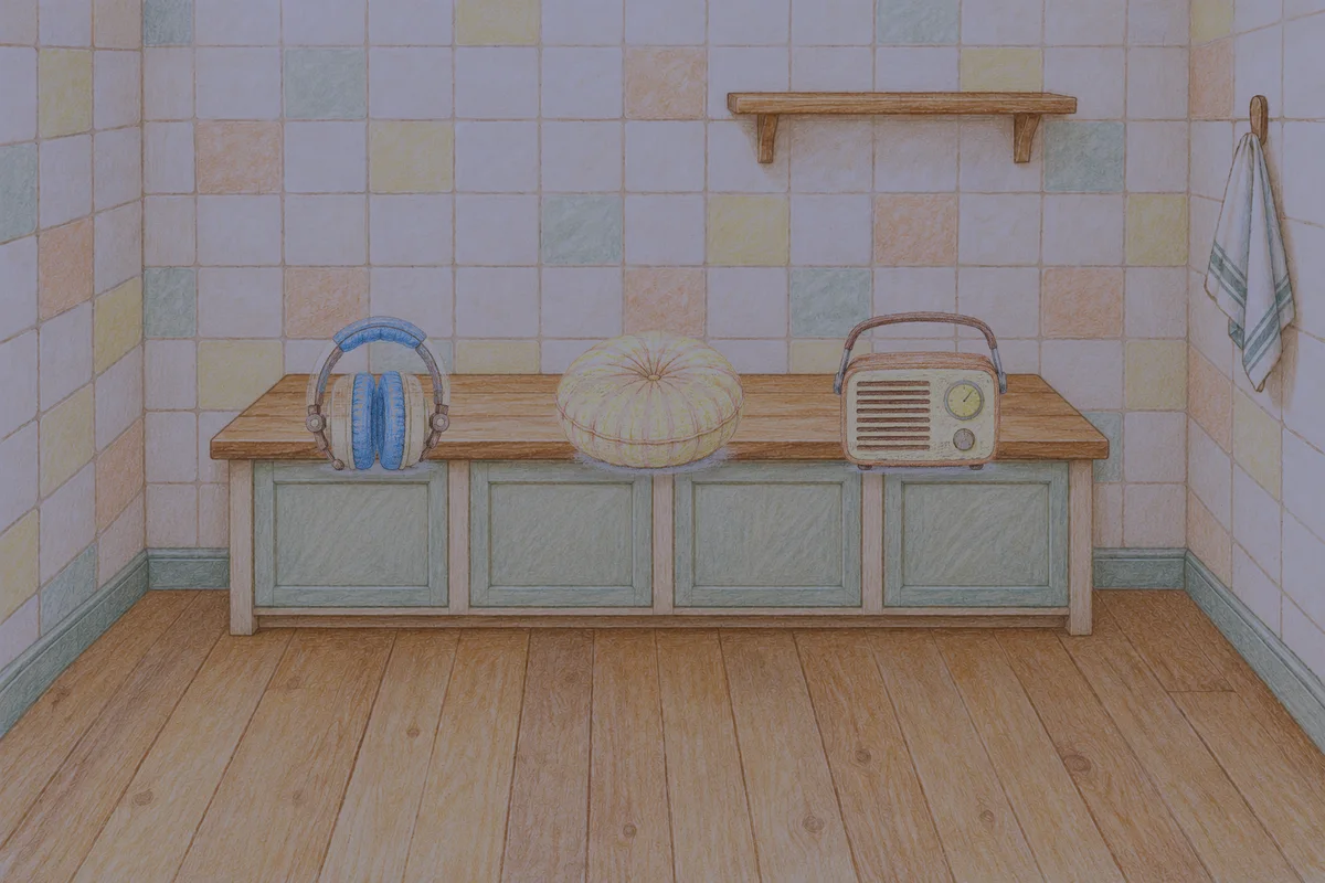 동탄 여성전용 프라이빗 케어 안내 그림, 밤의 부엌 나무 조리대 위에 놓인 헤드폰, 둥근 쿠션, 작은 라디오