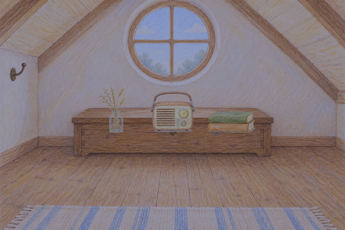 동탄 여성전용 홈케어 후기 안내 그림, 밤의 다락방 나무 궤짝 위에 놓인 마른 풀을 꽂은 항아리, 작은 라디오, 책 두 권