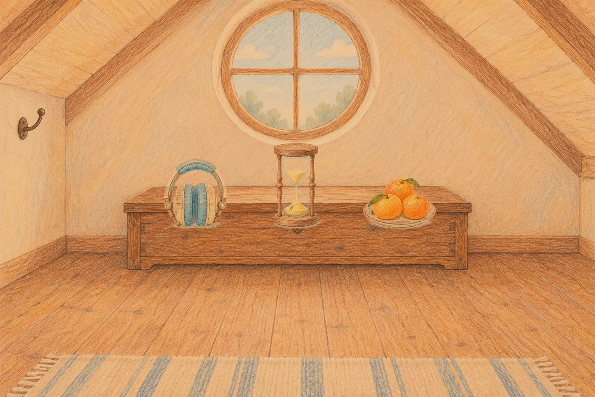 동탄 여성전용 발 케어 안내 그림, 저녁의 다락방 나무 궤짝 위에 놓인 헤드폰, 모래시계, 귤이 담긴 접시