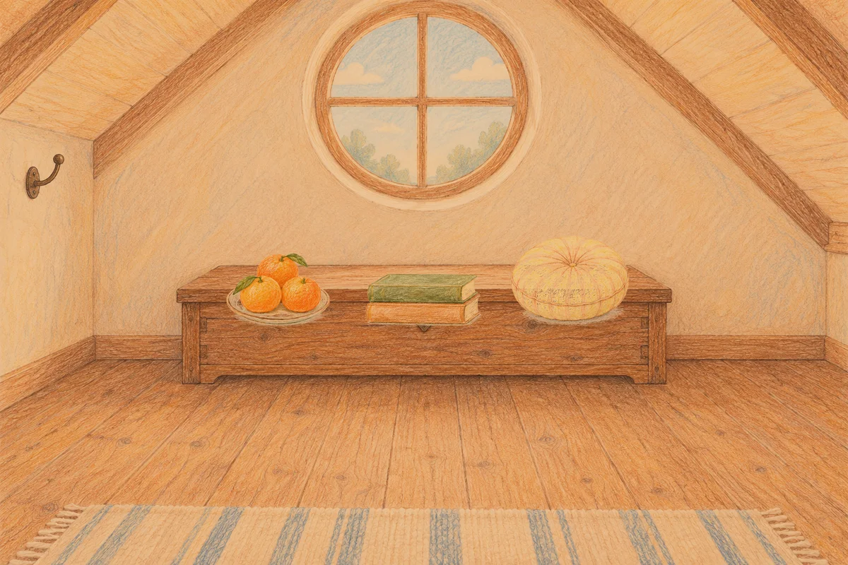 동탄 여성전용 발 부종 케어 안내 그림, 저녁의 다락방 나무 궤짝 위에 놓인 귤이 담긴 접시, 책 두 권, 둥근 쿠션