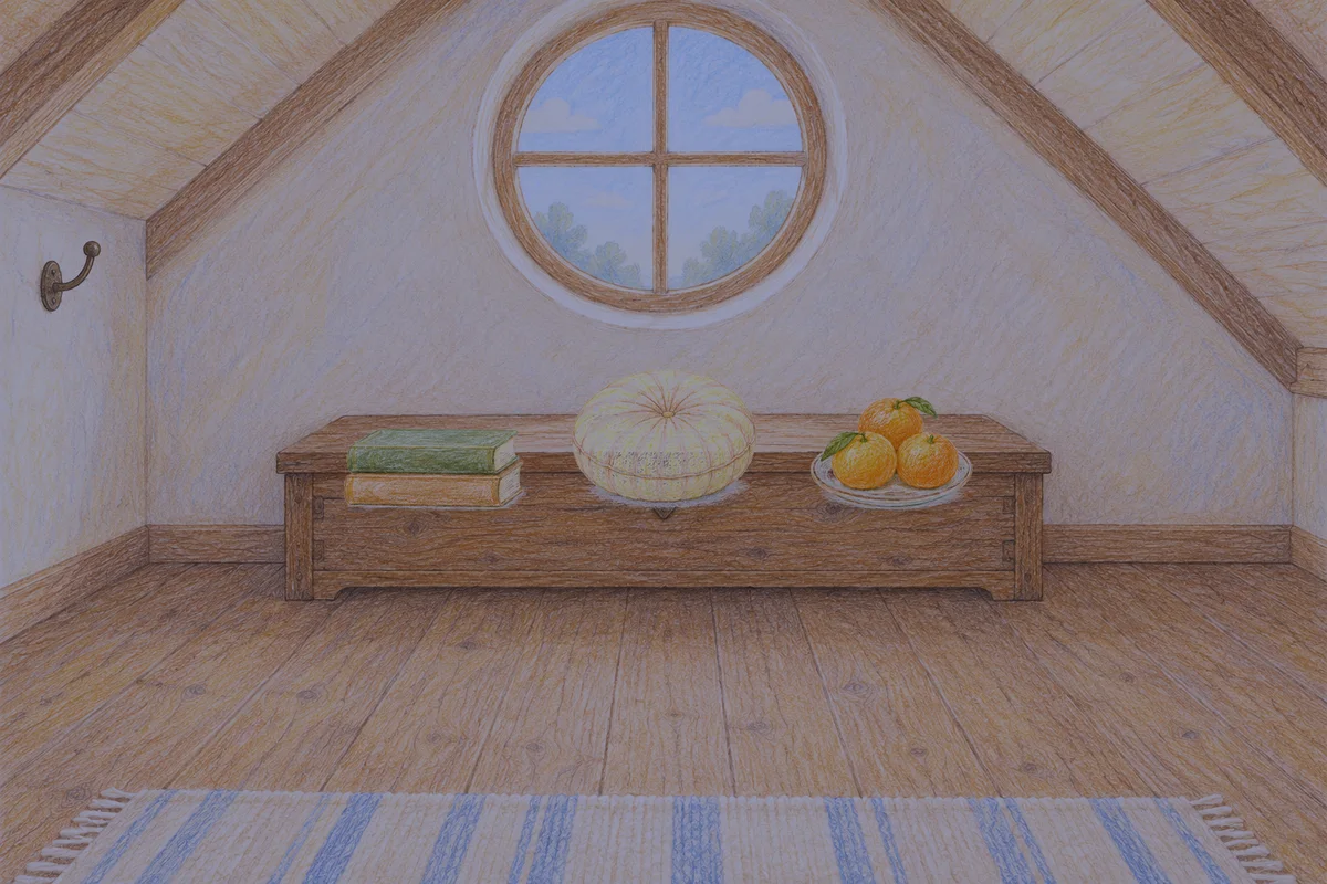 동탄 여성전용 발관리 추천 안내 그림, 밤의 다락방 나무 궤짝 위에 놓인 책 두 권, 둥근 쿠션, 귤이 담긴 접시