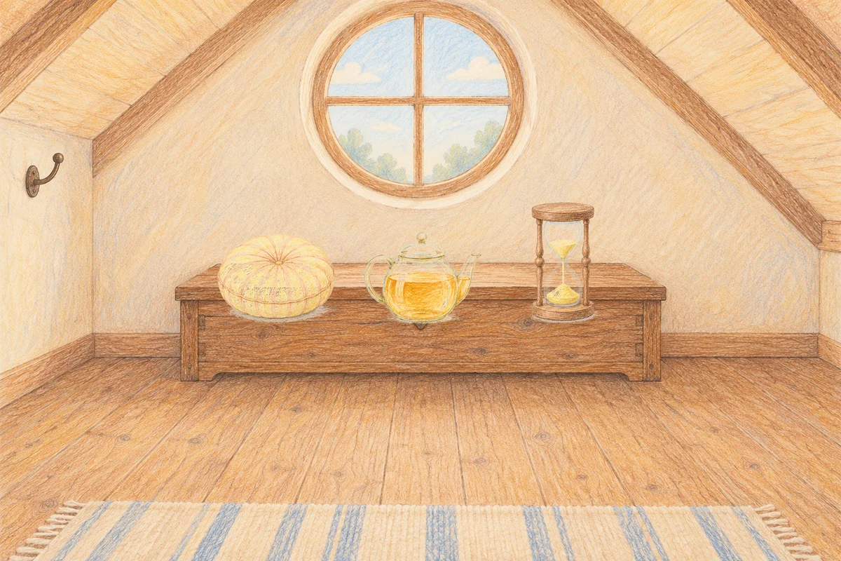 동탄 여성전용 림프 마사지 안내 그림, 낮의 다락방 나무 궤짝 위에 놓인 둥근 쿠션, 유리 티포트, 모래시계