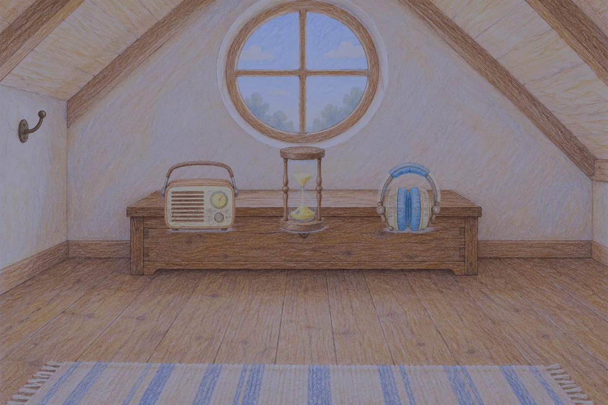 동탄 여성전용 셀룰라이트 관리 안내 그림, 밤의 다락방 나무 궤짝 위에 놓인 작은 라디오, 모래시계, 헤드폰