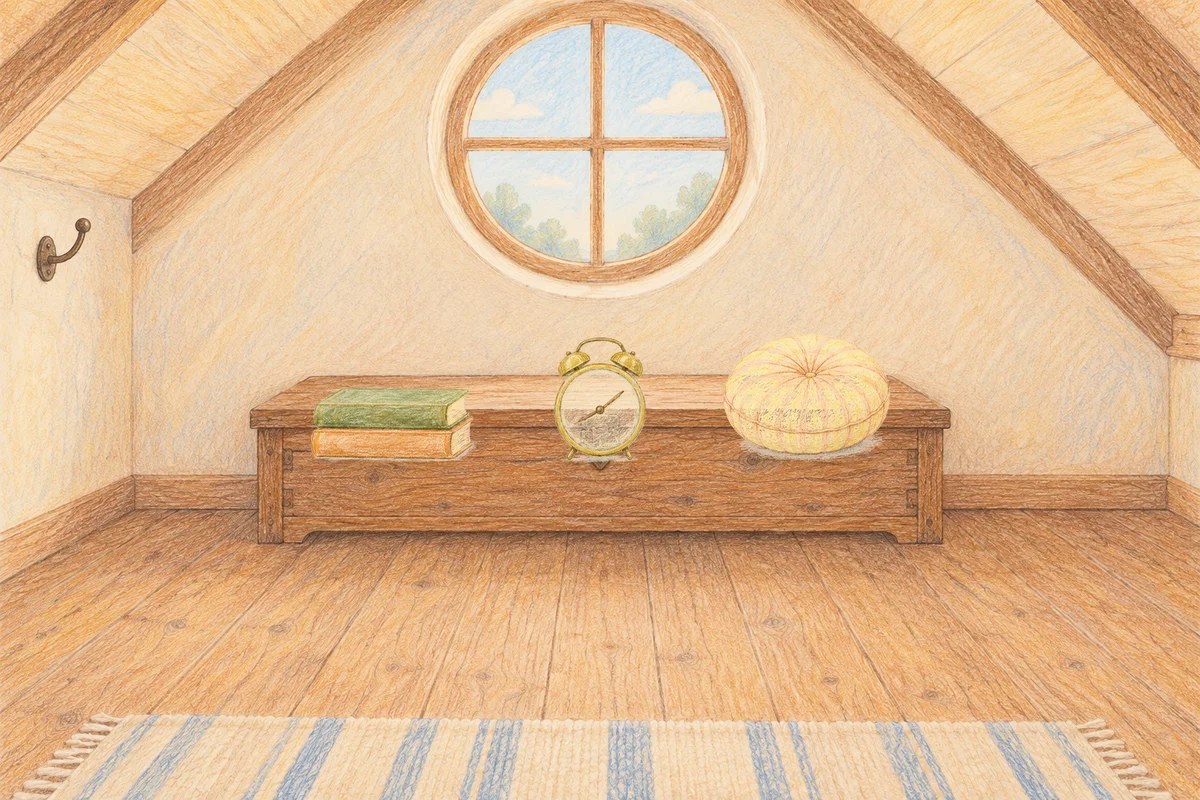 동탄 여성전용 바디 케어 안내 그림, 낮의 다락방 나무 궤짝 위에 놓인 책 두 권, 둥근 알람시계, 둥근 쿠션