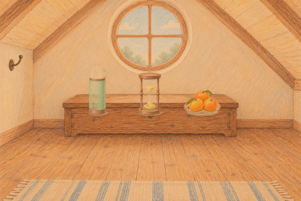 동탄 여성전용 슬리밍 마사지 안내 그림, 저녁의 다락방 나무 궤짝 위에 놓인 보온병, 모래시계, 귤이 담긴 접시