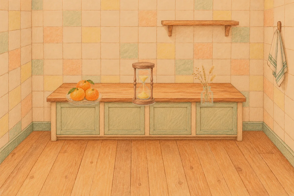 동탄 여성전용 등 마사지 안내 그림, 저녁의 부엌 나무 조리대 위에 놓인 귤이 담긴 접시, 모래시계, 마른 풀을 꽂은 항아리